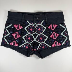 JOE'S JEANS Black Denim Pink Sequin Embellished Shorts Women's 27 Frayed Fringe